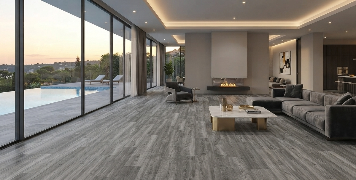 A modern luxury villa living room featuring grey wood-look flooring, large glass windows overlooking a swimming pool, and contemporary furniture.