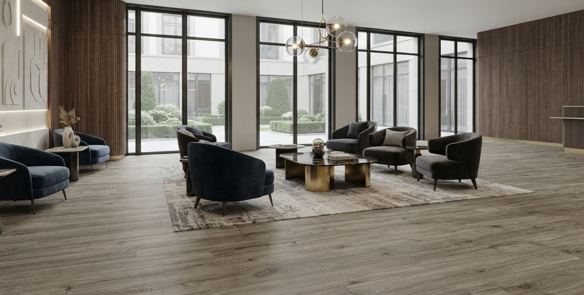 Modern luxury commercial lobby and waiting lounge featuring wood-look SPC luxury vinyl flooring, dark velvet armchairs, floor-to-ceiling glass windows, and architectural wall paneling.