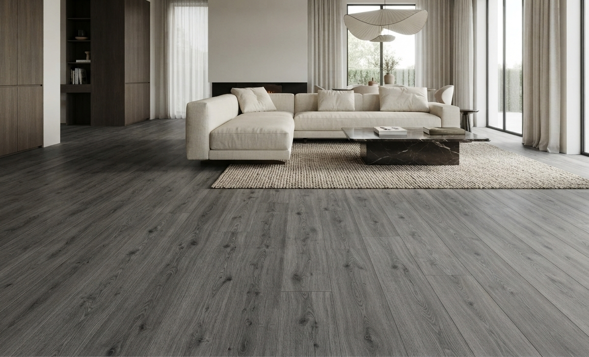Dark grey wood-look luxury vinyl plank flooring installed in a luxurious modern living room with neutral cream furniture and minimalist decor.