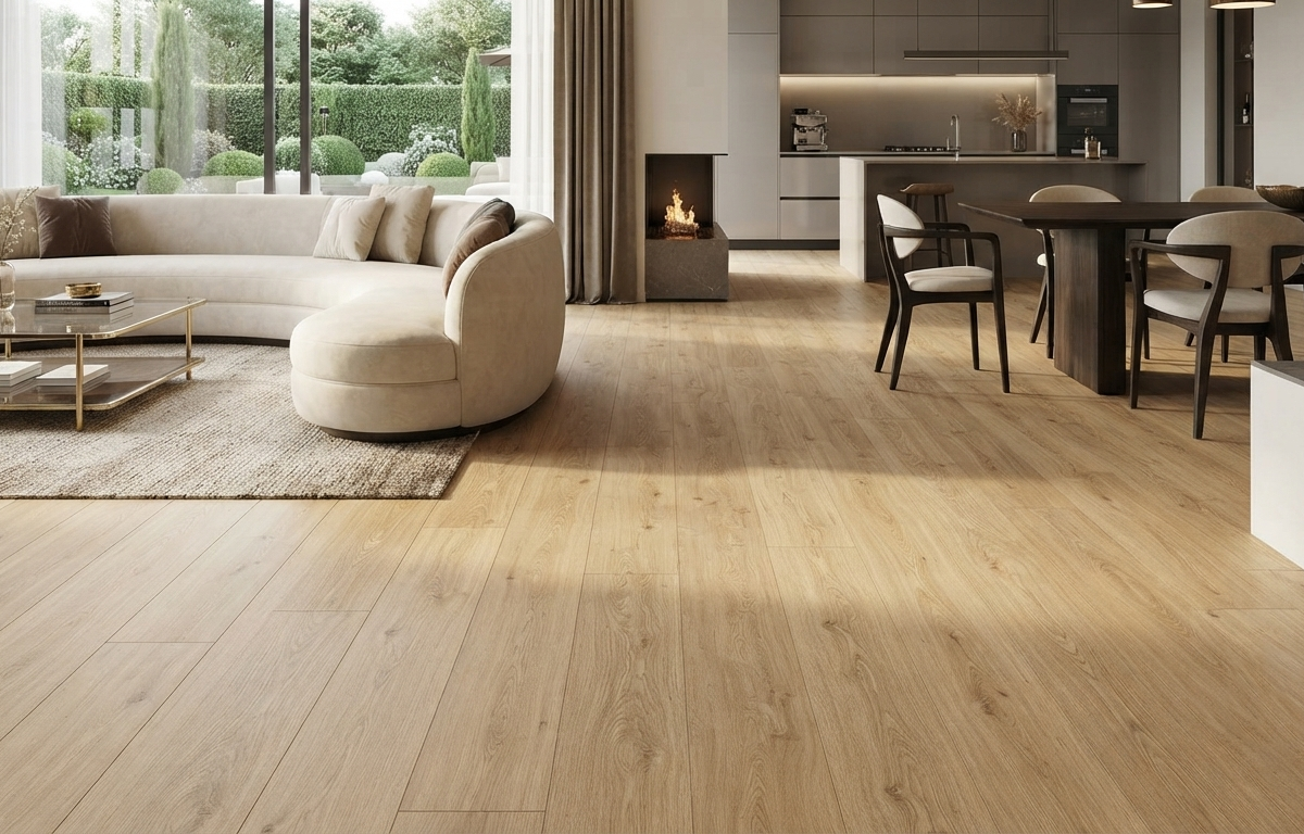 A luxurious, sunlit open-concept modern living room and dining area featuring natural wood flooring that matches the grain texture of wood planks.