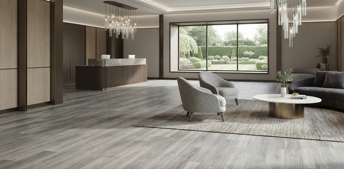 Luxurious modern hotel lobby and lounge interior featuring elegant gray wood-grain luxury vinyl flooring, a curved velvet sofa, and contemporary lighting.
