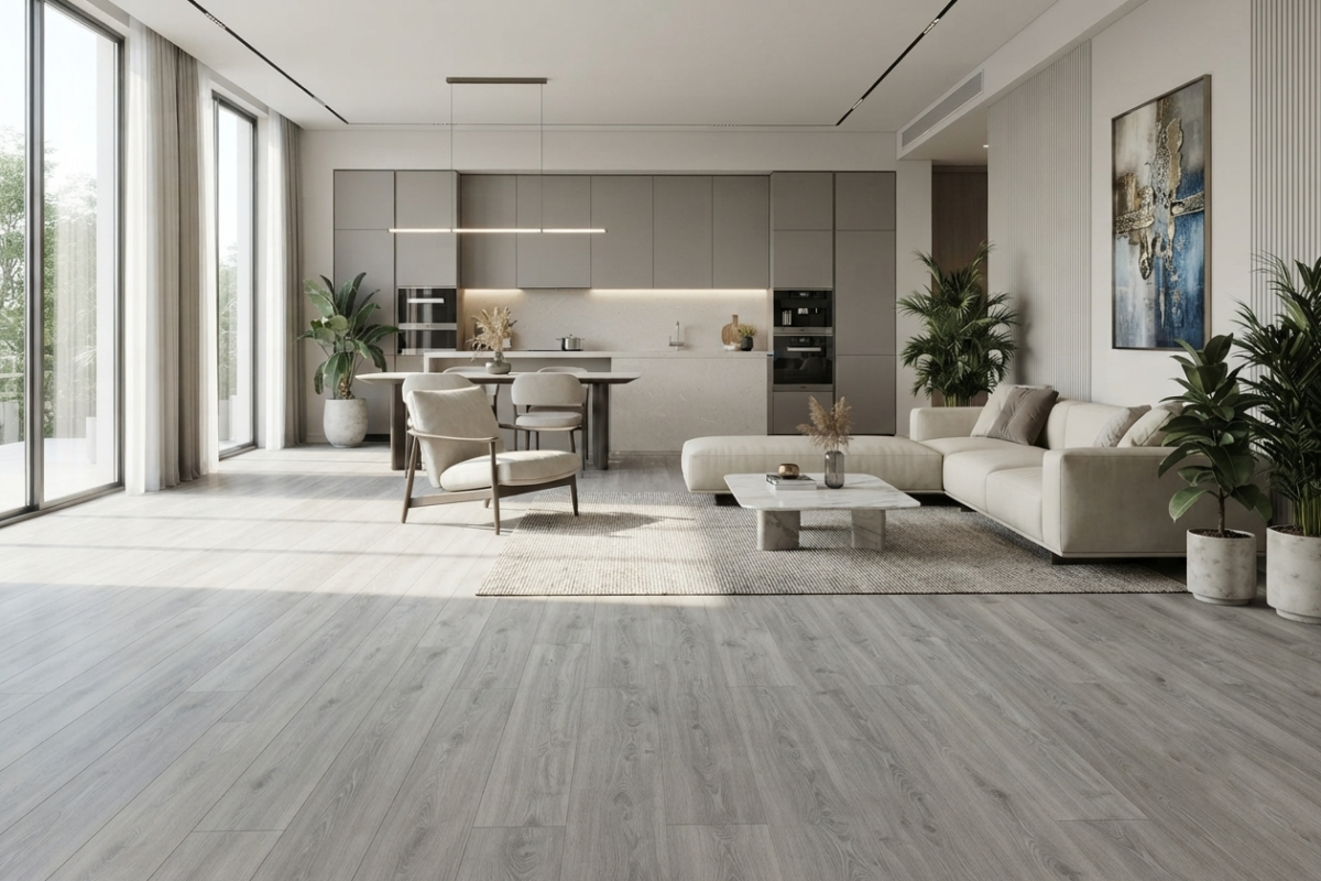 A modern luxury living room and open-concept kitchen featuring light grey wood-grain flooring, neutral beige and grey furnishings, and minimalist decor.
