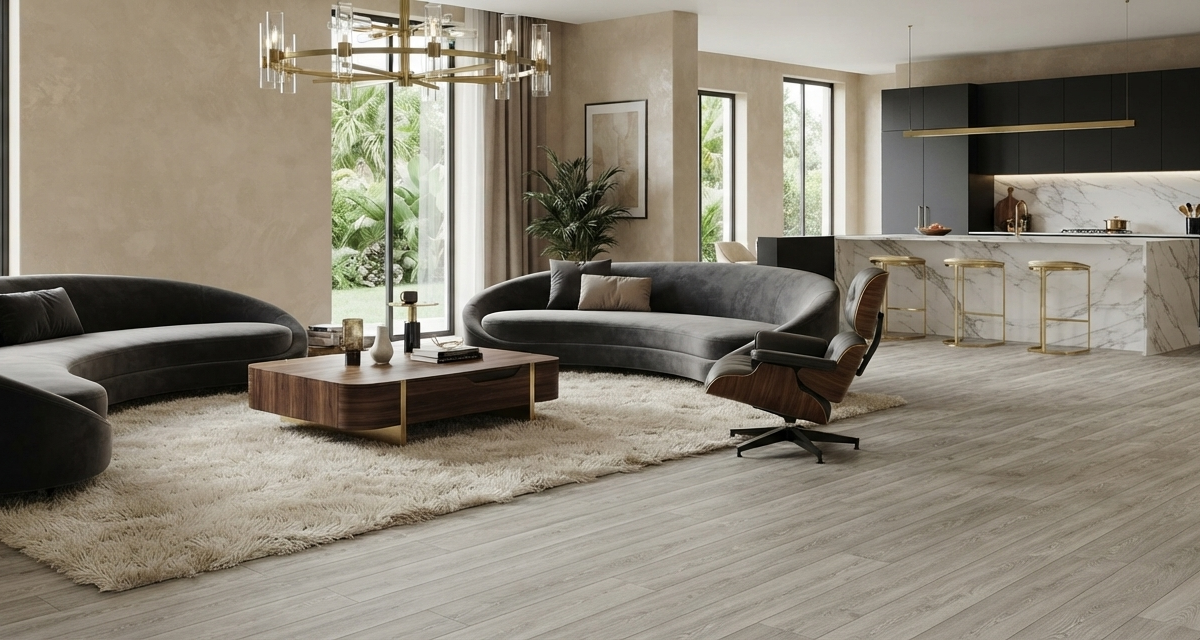 Modern luxury living room and open-concept kitchen featuring light grey wood-look luxury vinyl flooring, curved charcoal sofas, and large glass windows.