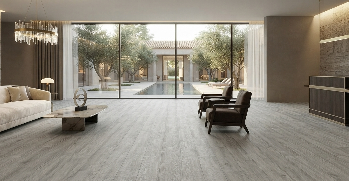 Luxury modern living room interior showcasing high-end grey wood look flooring, elegant furniture, and expansive glass windows overlooking a serene pool villa landscape.
