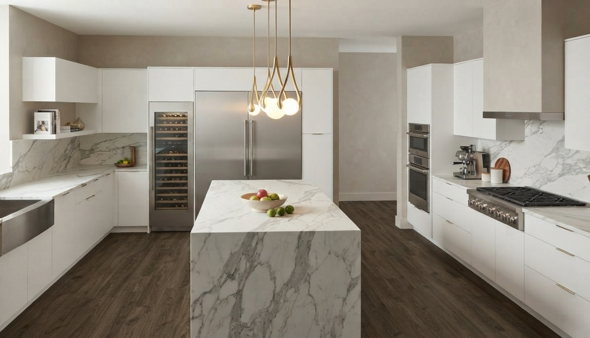 Luxury modern kitchen interior featuring dark wood-look SPC rigid core waterproof flooring, white marble-top island, and sleek custom cabinetry.