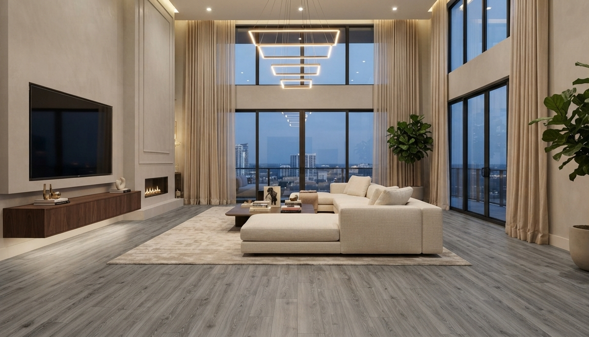 Modern luxury living room interior featuring elegant gray wood-grain luxury vinyl plank flooring, high ceilings, large windows, and contemporary furniture.