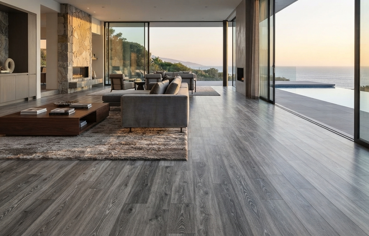 Sunlit modern luxury living room with grey wood-look LVP flooring overlooking Pacific ocean view