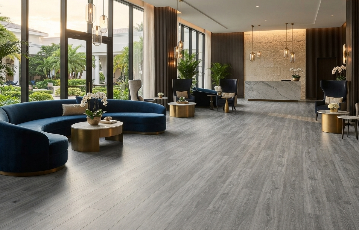 Luxury modern lobby interior featuring premium light grey wood-look luxury vinyl plank flooring